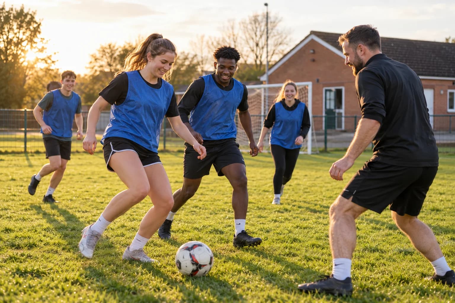 Illustrative community football game with a coach and young adults